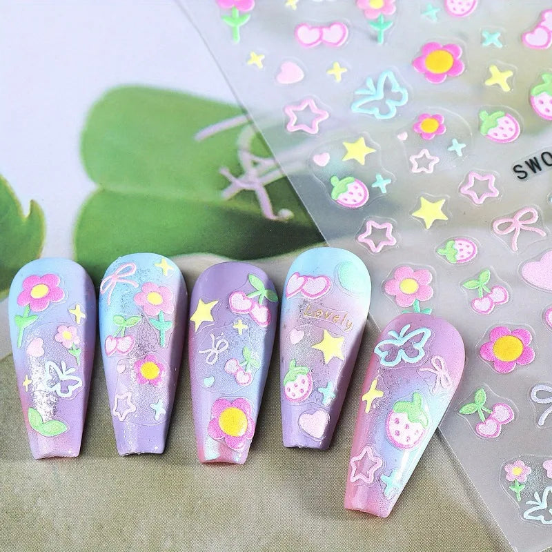 3D Matte Nail Art Stickers | Kawaii Cherry Bow Butterfly Floral Nail Art Stickers QXL