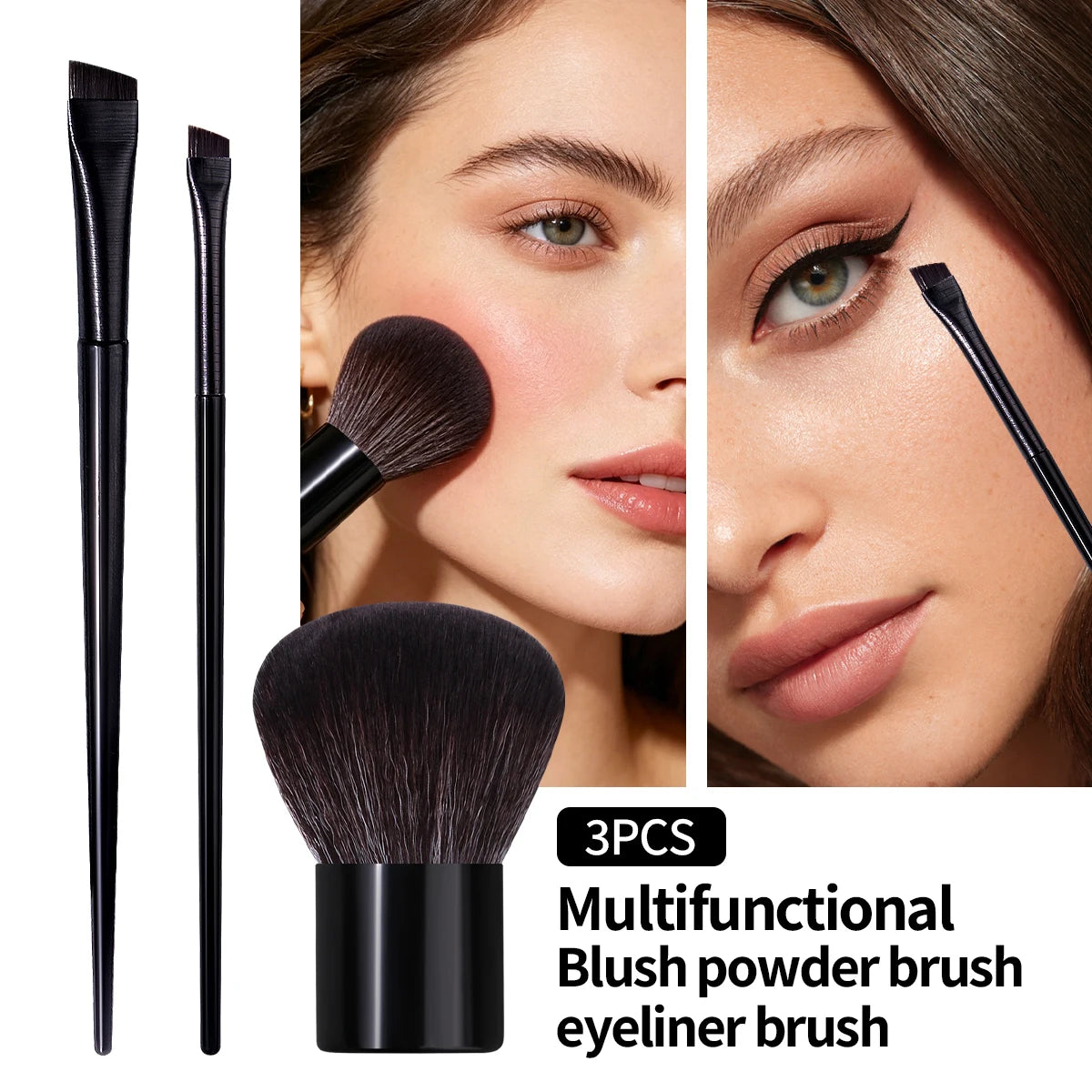 KOSSHOW 3-Piece Makeup Brush Set – Blush, Powder & Eyeliner Makeup Brush Set QXL black