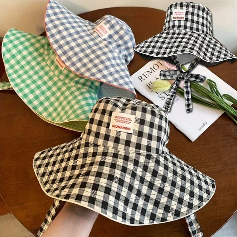 Double-Sided Checkered Wide Brim Sun Hat | Foldable Beach Hat Wide Brim Sun Hat QXL