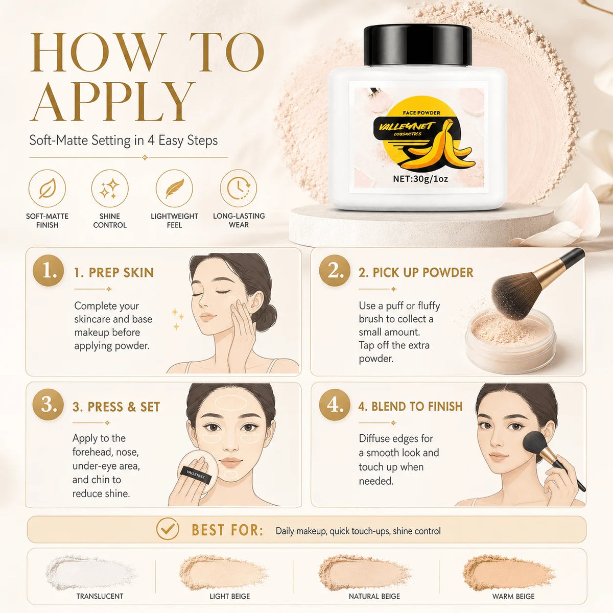 Matte Face Setting Loose Powder | Oil Control, 4 Shades Face Setting Powder QXL