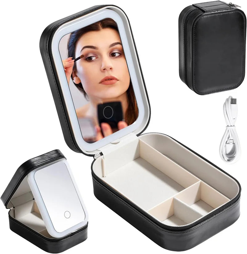 LED Mirror Makeup Storage Case | 3-Color Adjustable Light Box LED Makeup Storage Case QXL Black