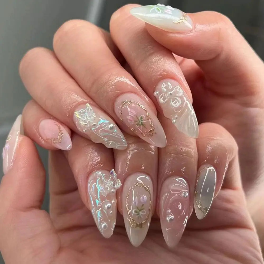 24-Pack Pink Almond Stiletto Fake Nails | Pearl Bow Press-Ons Press-On Nail Set QXL