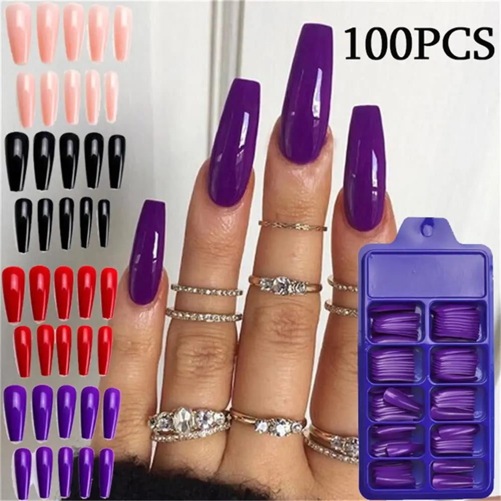 100-Pack Coffin False Nail Tips | Long Ballerina Full Cover False Nail Tips QXL