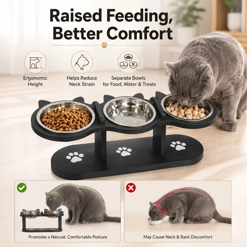 3-Bowl Elevated Cat Feeder | Wooden Stand & Steel Bowls Elevated Pet Feeder QXL