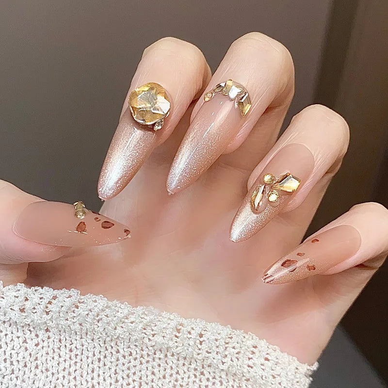 Cat-Eye Leopard Diamond French Press-On Nails | 10pc Set Press-On False Nails QXL