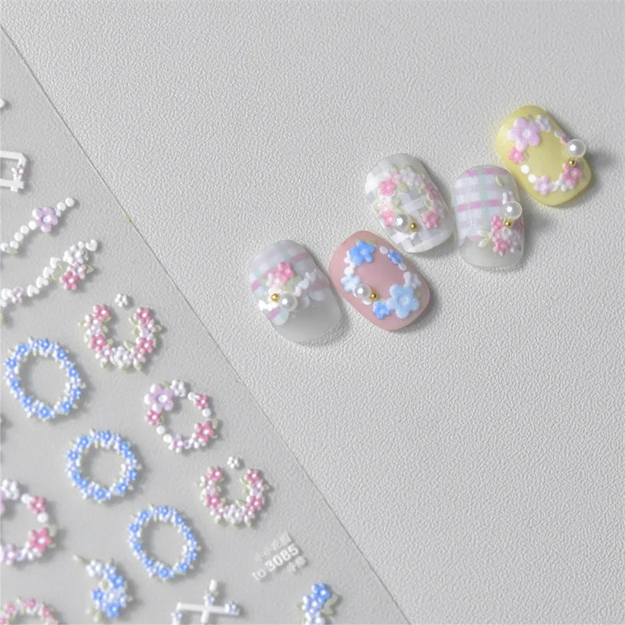 5D Relief Flower Wreath Nail Art Stickers | Japanese Gradient Nail Art Stickers QXL