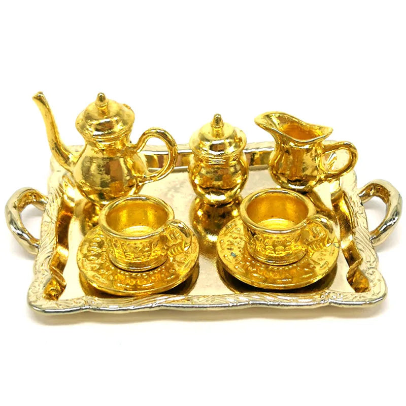 10-Pc 1:12 Dollhouse Miniature Metal Tea Cup & Plate Set Dollhouse Miniature Set QXL Gold