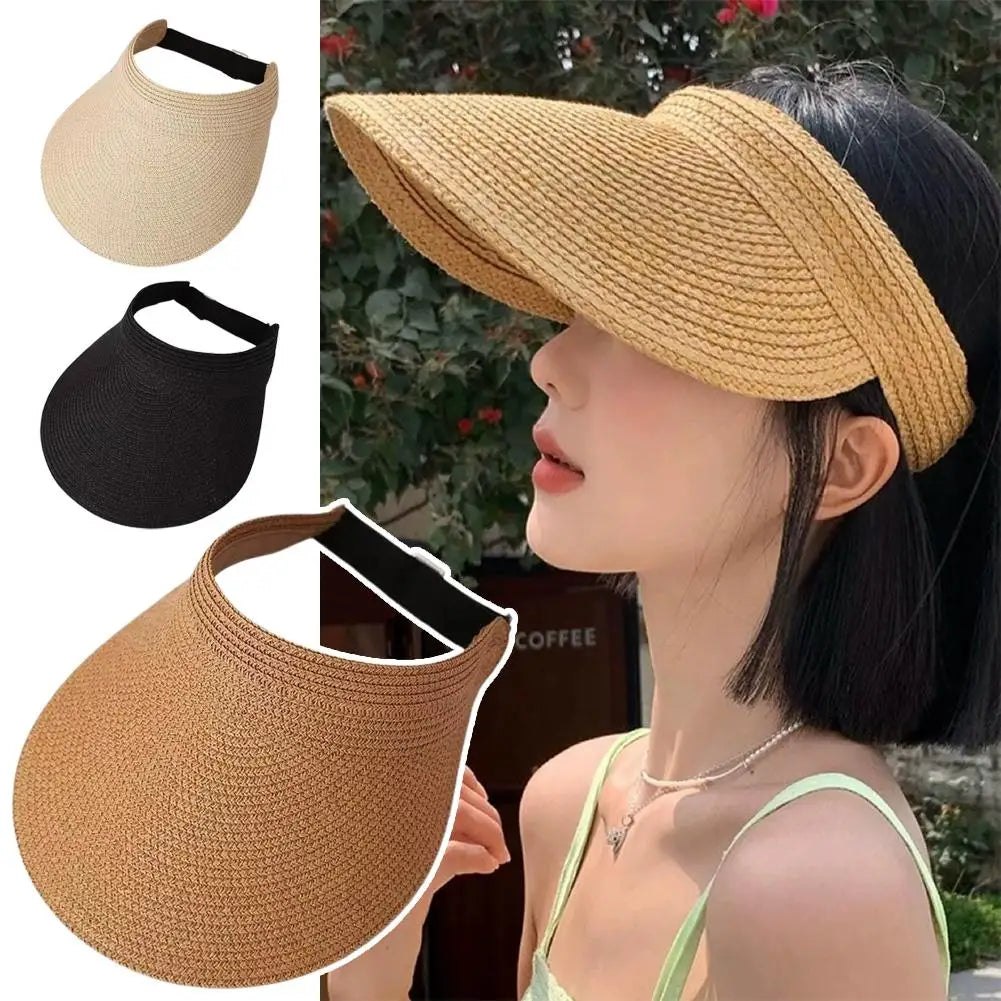 Wide Brim Straw Sun Visor Hat UPF50+ | Adjustable Beach Cap Sun Visor Hat QXL