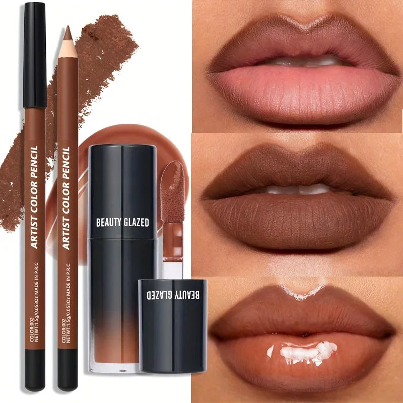 2-Pc Matte Lip Liner & Lip Oil Combo | Waterproof Brown Tinted Lip Liner & Lip Oil Set QXL