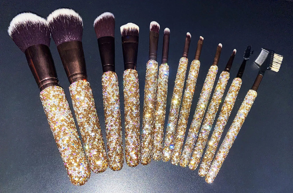 12-Piece Rhinestone Makeup Brush Set | Powder Blush Contour Makeup Brush Set QXL 4 Mixed golden color
