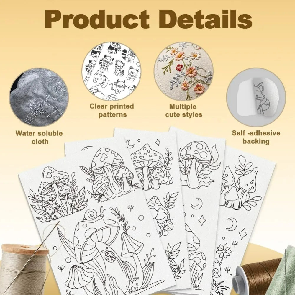 15-Pack Mushroom Water Soluble Stick & Stitch Embroidery Patterns Embroidery Stabilizer QXL