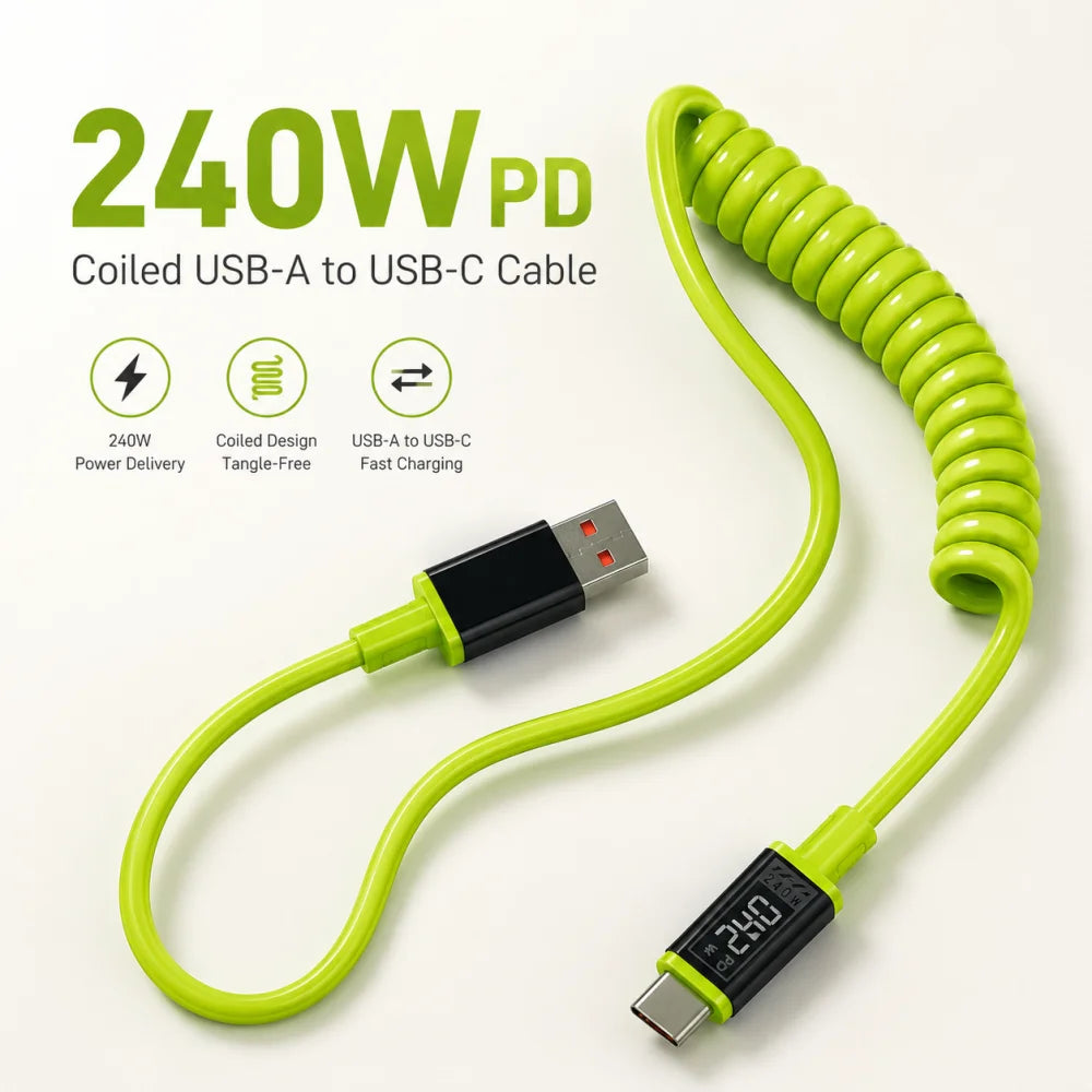 240W USB-C Retractable Fast Charging Cable – Spring Coil USB-C Charging Cable QXL
