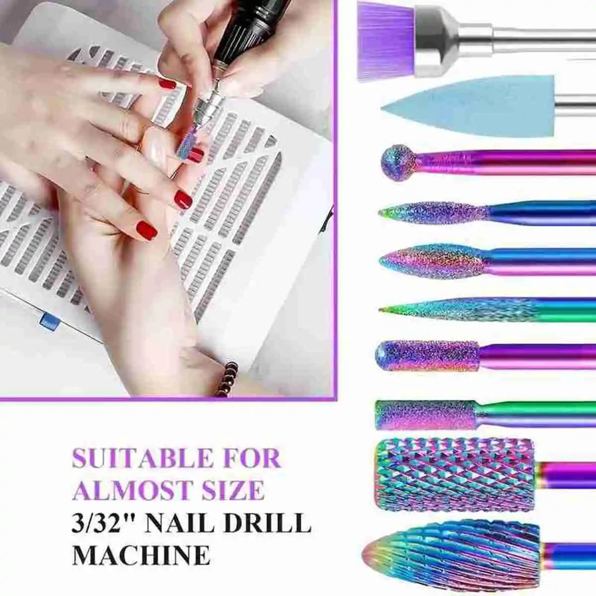 11-Pc Tungsten Carbide Nail Drill Bit Set 3/32 + Cleaning Brush Nail Drill Bit Set QXL