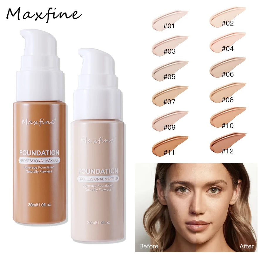 MAXFINE 12-Shade Full Coverage HD Liquid Foundation 30ml Liquid Foundation QXL