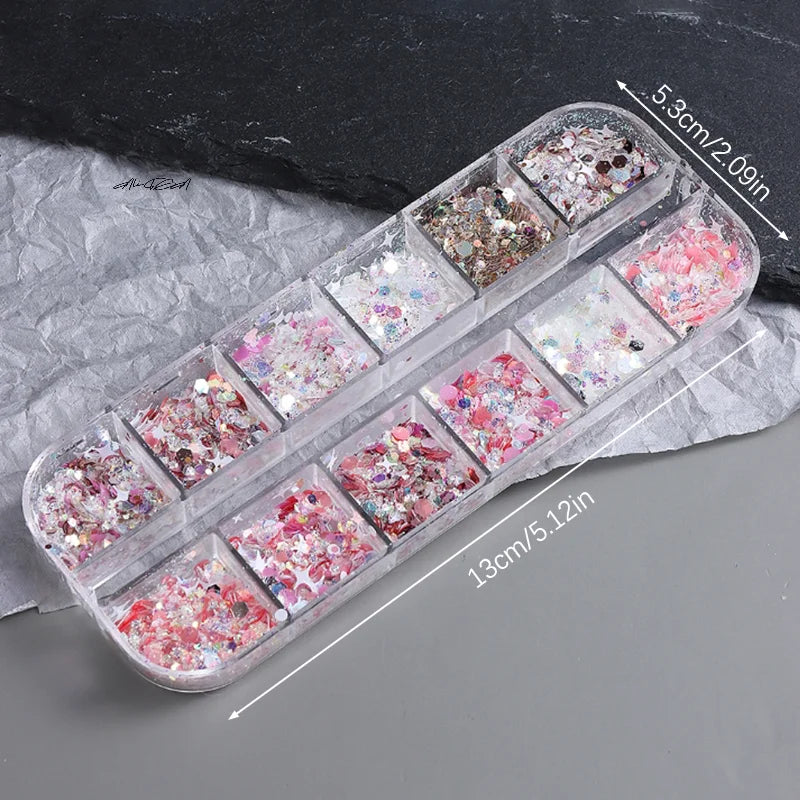 12-Grid Nail Glitter Sequin Set | Star & Heart Flakies Nail Glitter Set QXL