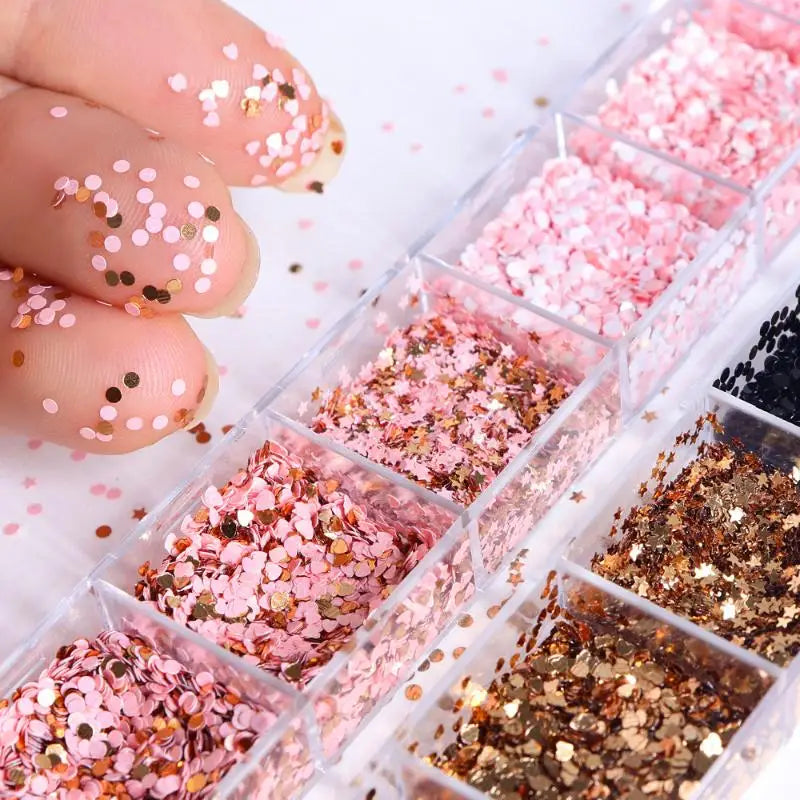 12-Grid Holographic Nail Glitter Sequins – Star Heart Round Flakes Nail Art Sequins QXL
