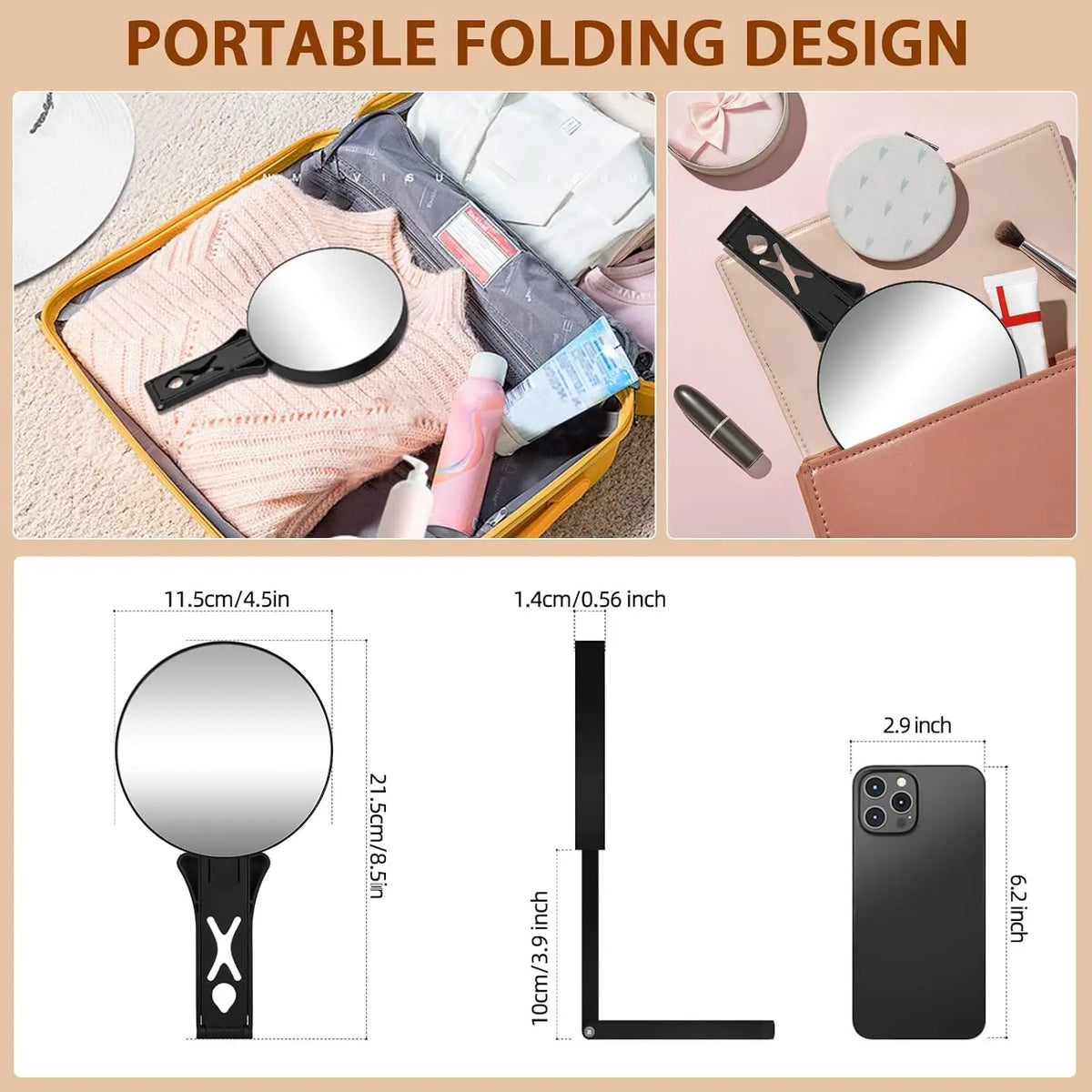 Double-Sided 1X/10X Magnifying Travel Hand Mirror with Handle Magnifying Makeup Mirror QXL