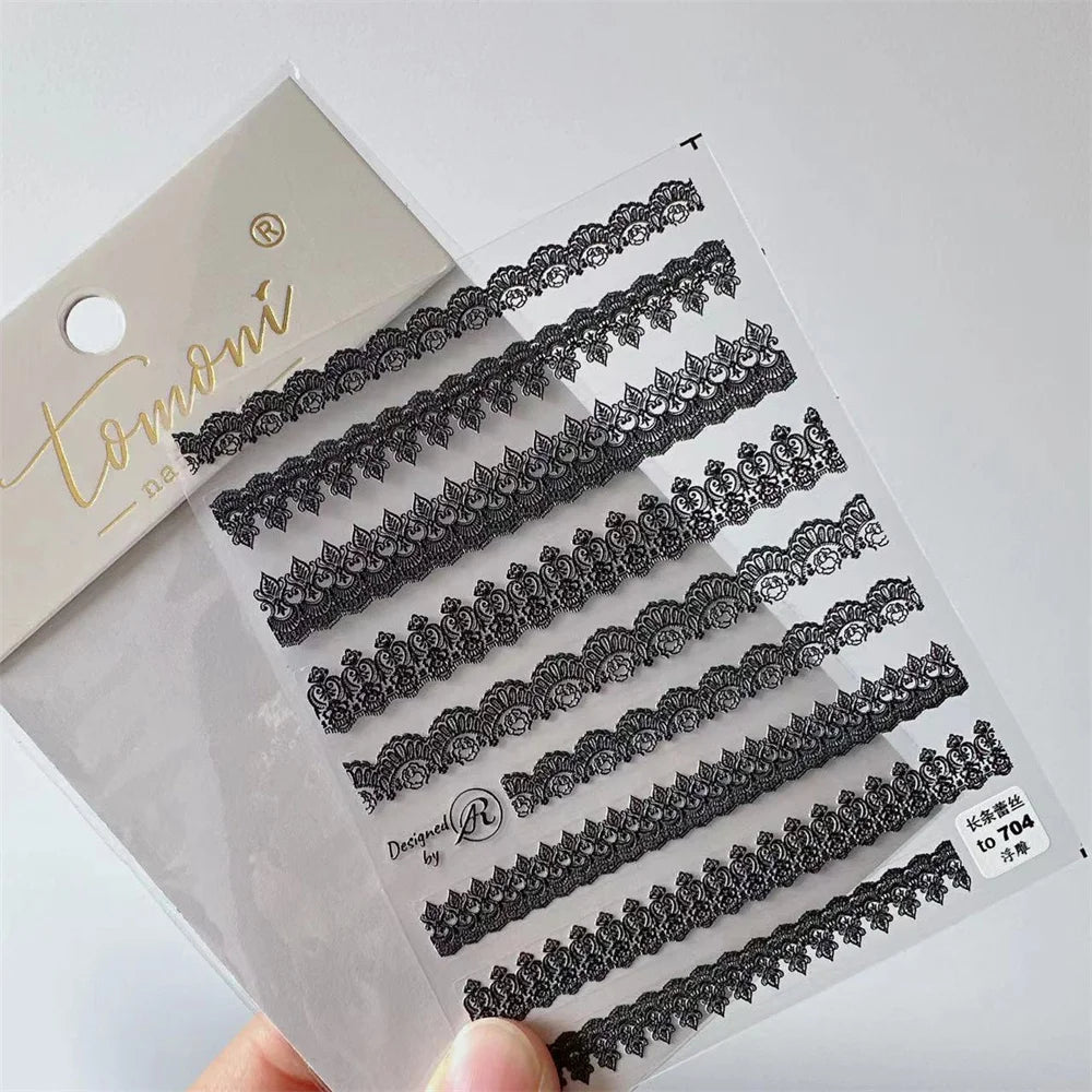 5D Kawaii Lace Nail Art Stickers | Japanese Black & White Decals Nail Art Stickers QXL 1pcs to704H