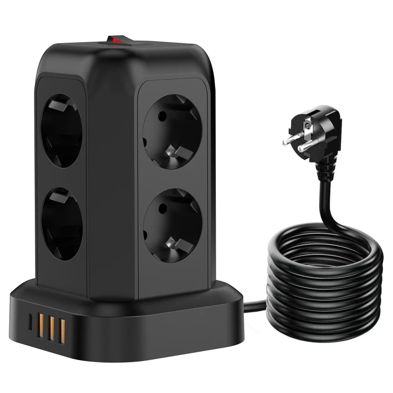 EU Tower Power Strip | 8 Outlets, 3 USB & Type-C | Surge Guard Tower Power Strip QXL EU Plug