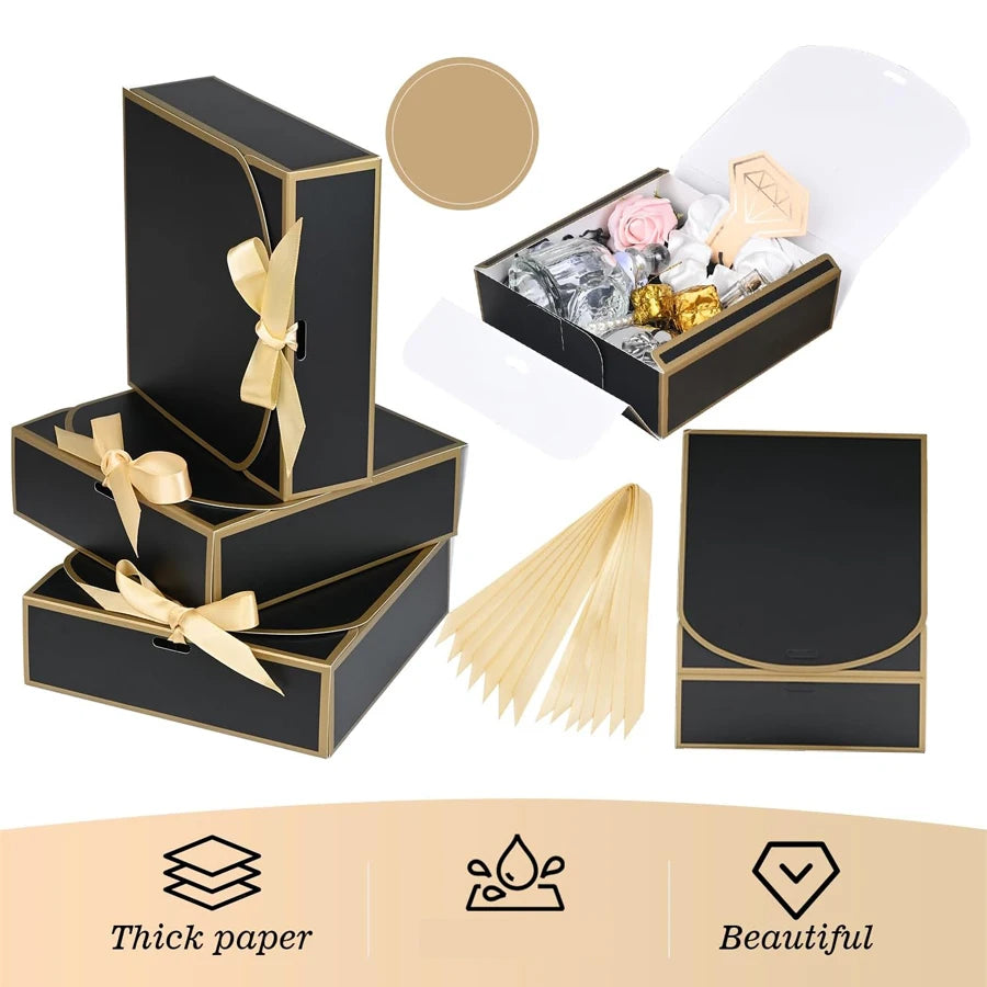 10-Pack Black Gift Boxes with Gold Trim & Ribbon 6.5"x6.5"x2" Gift Boxes QXL