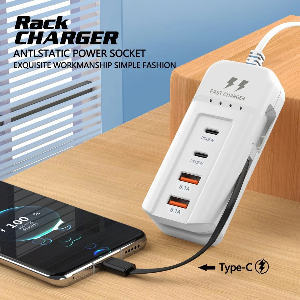 66W 4-Port USB-C Fast Charger | EU US UK Plug Wall Adapter USB-C Wall Charger QXL