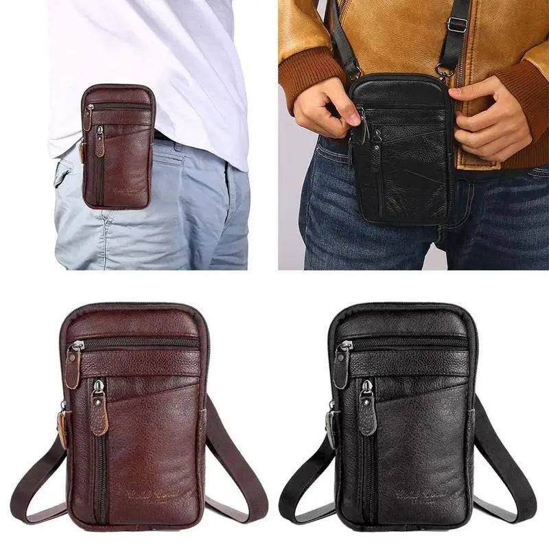 Men's Leather Crossbody Phone Bag | Multi-Pocket Waist Pack Crossbody Phone Bag QXL