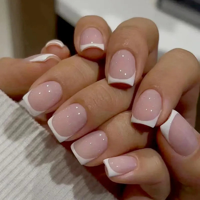 24-Pc Pink Square Press-On Nails | Y2K French Heart Tips Press-On False Nails QXL 1Set With Jelly glue