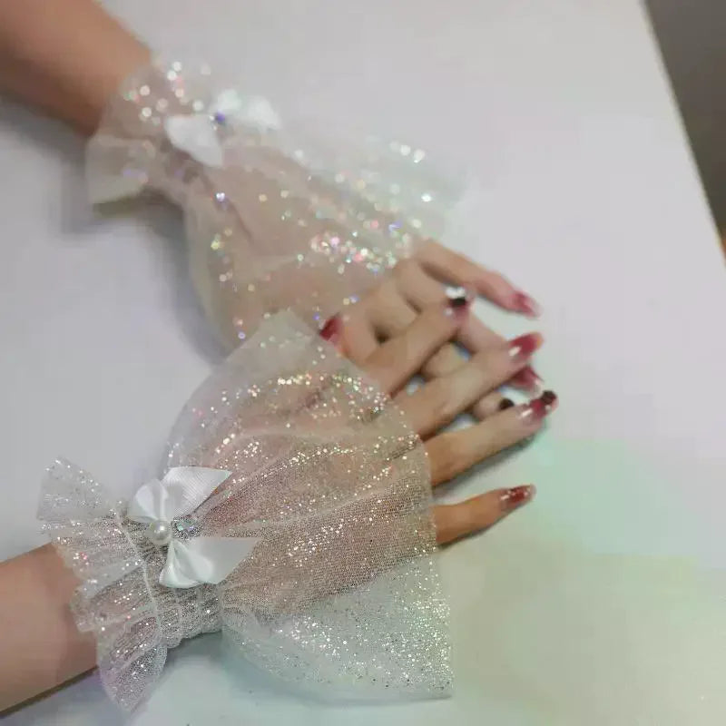 Nail Art Photo Fake Sleeves – Bow Tulle Wrist Cuffs for Nail Pics Nail Photo Prop QXL