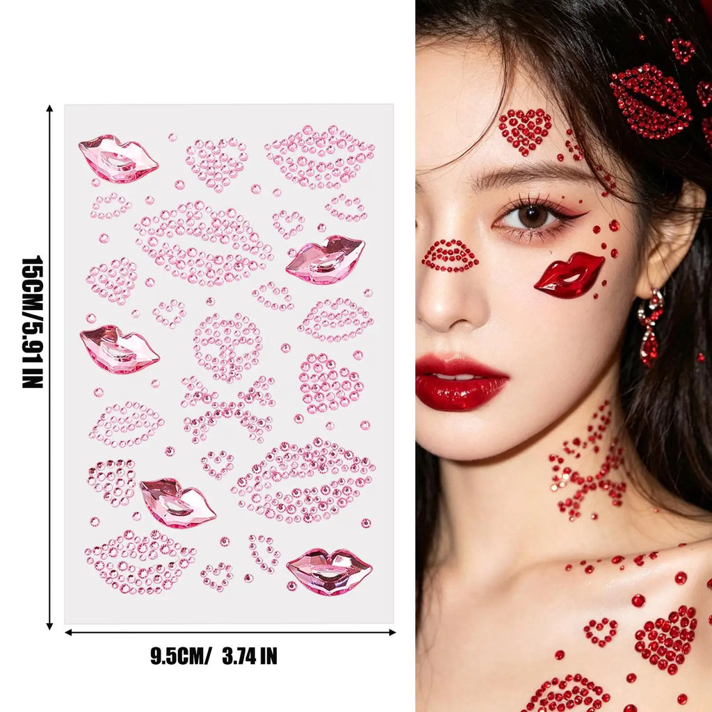 3D Red Lips Rhinestone Face Gems | Temporary Tattoo Stickers Face Gem Stickers QXL Red