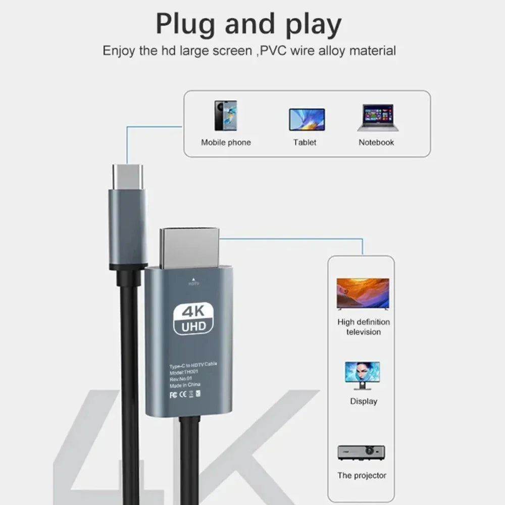 4K 60Hz USB-C to HDMI Cable 2M Braided | MacBook Samsung USB-C HDMI Cable QXL