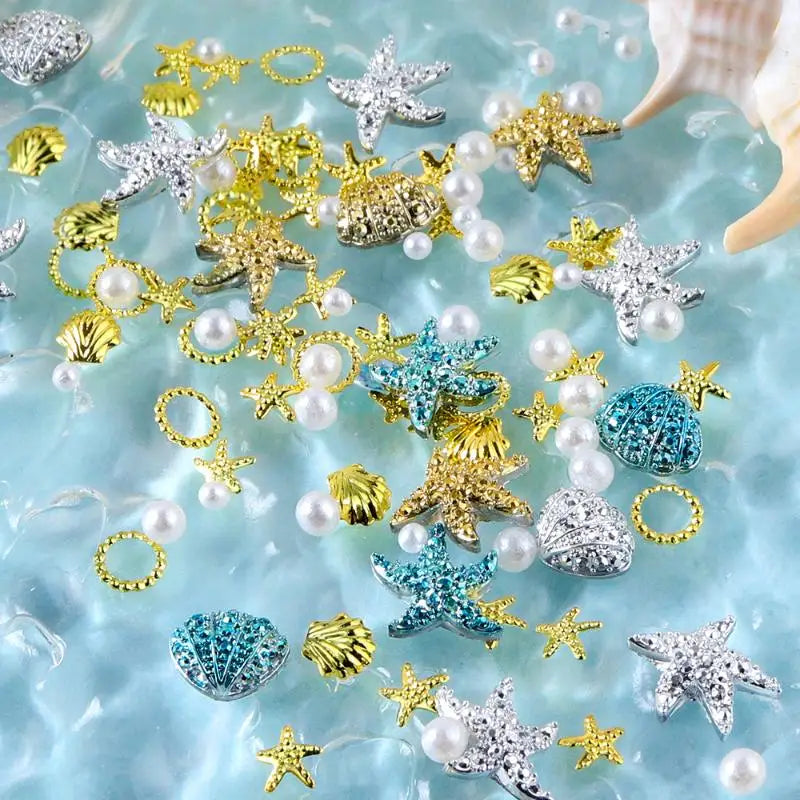 3D Ocean Nail Charms – Shell Starfish Pearl Metal Resin Art 3D Nail Charms QXL