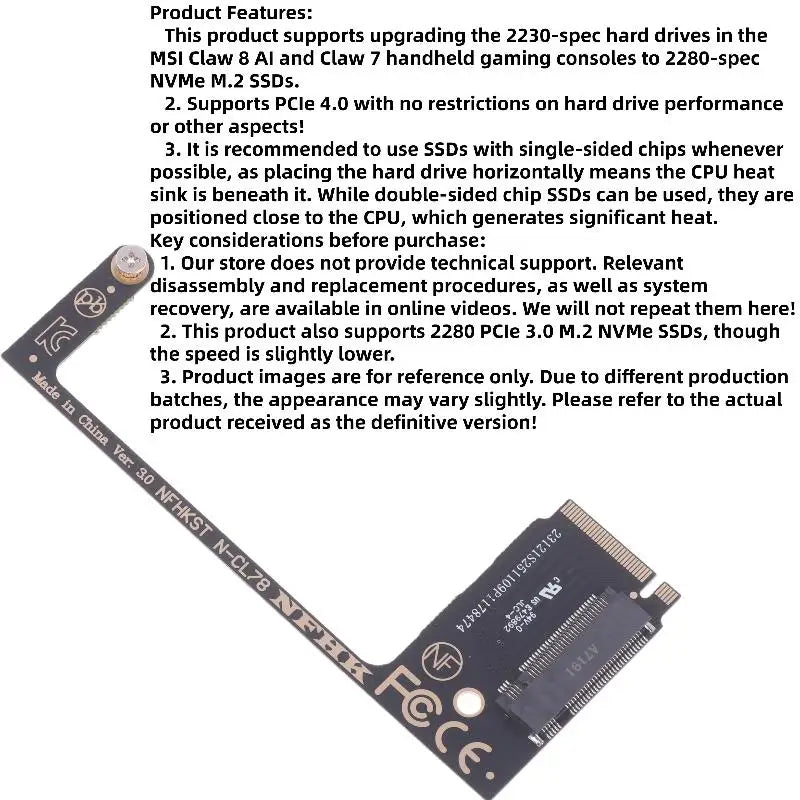M.2 NVMe 2230 to 2280 SSD Adapter Riser Card for MSI Claw SSD Adapter Card QXL