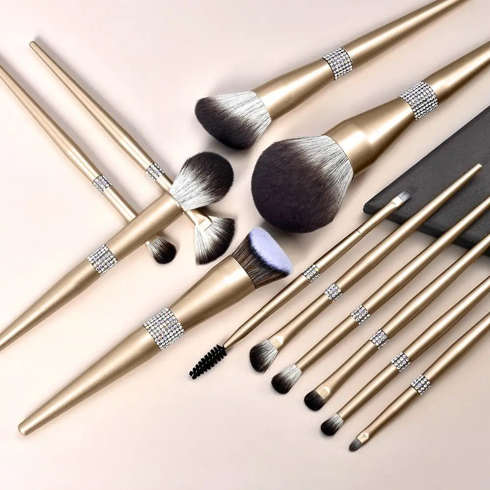 12-Pc Champagne Gold Makeup Brush Set | Soft Bristles Makeup Brush Set QXL