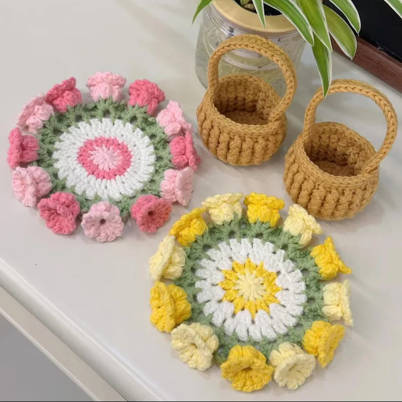 Handmade Crochet Flower Coaster | 2-in-1 Bouquet & Cup Mat Decorative Coaster QXL