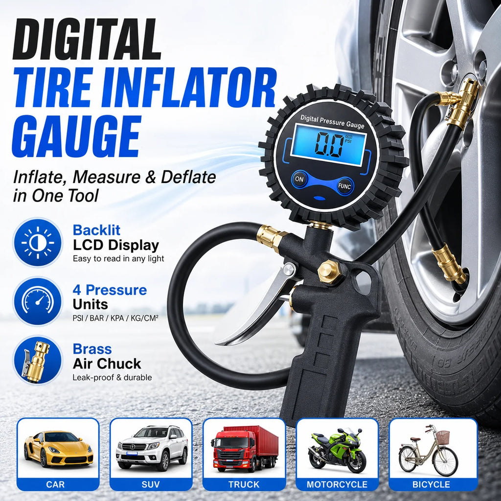 Digital Tire Inflator Pressure Gauge | 3-in-1 Metal & ABS Tire Inflator Gauge QXL