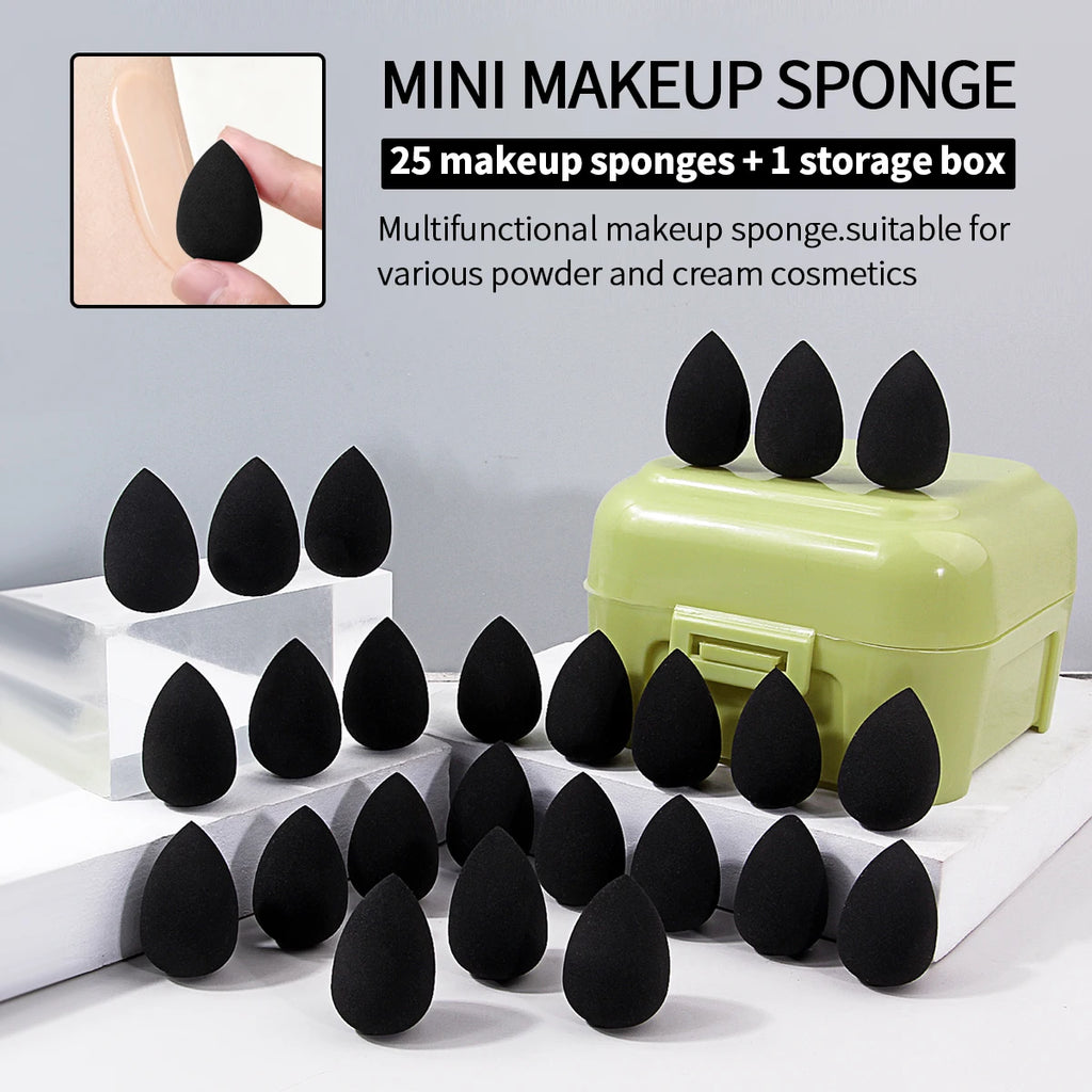 25-Pc Mini Makeup Sponges with Storage Box | Wet & Dry Mini Makeup Sponge Set QXL black