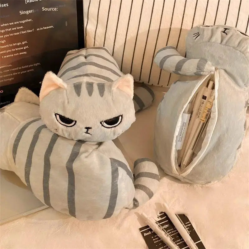 Kawaii Cat Plush Pencil Case – Large Gray Pouch for School Plush Pencil Case QXL