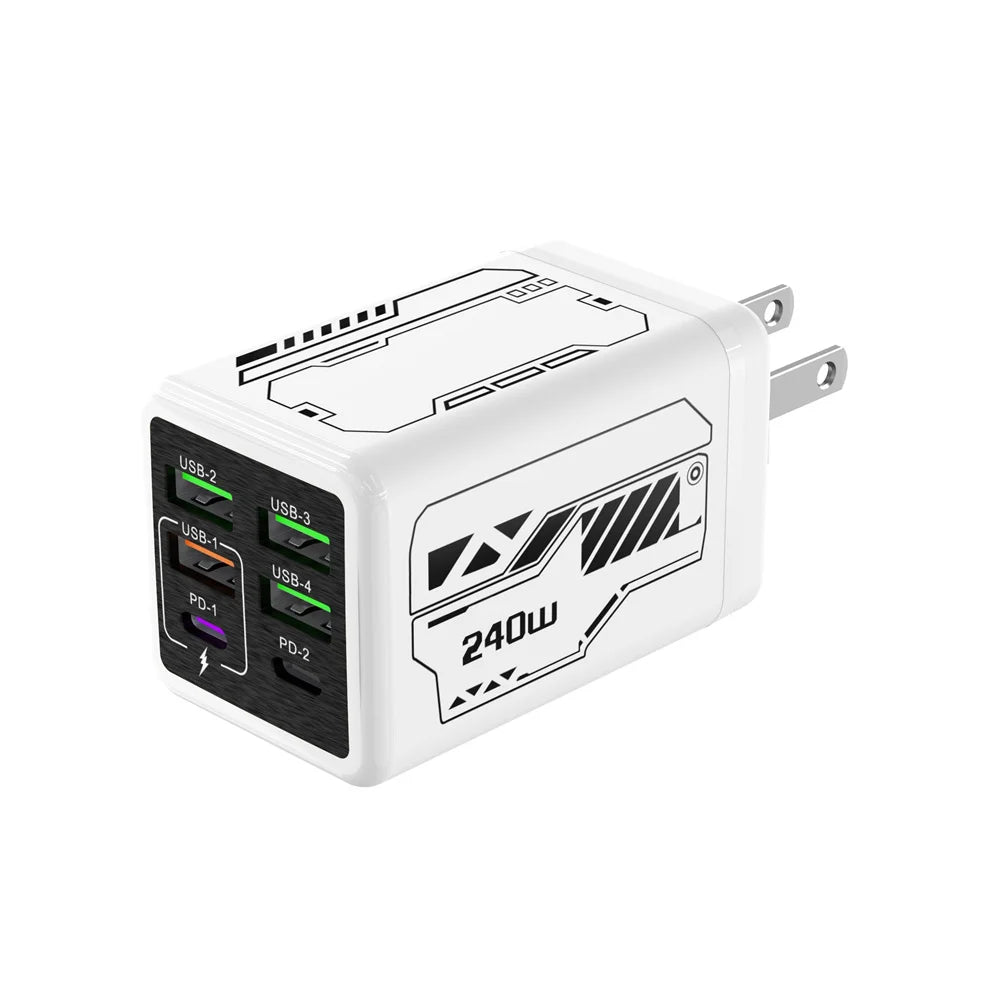 240W 6-Port USB-C PD Fast Charger | EU US UK Travel Adapter Multi-Port Wall Charger QXL White US