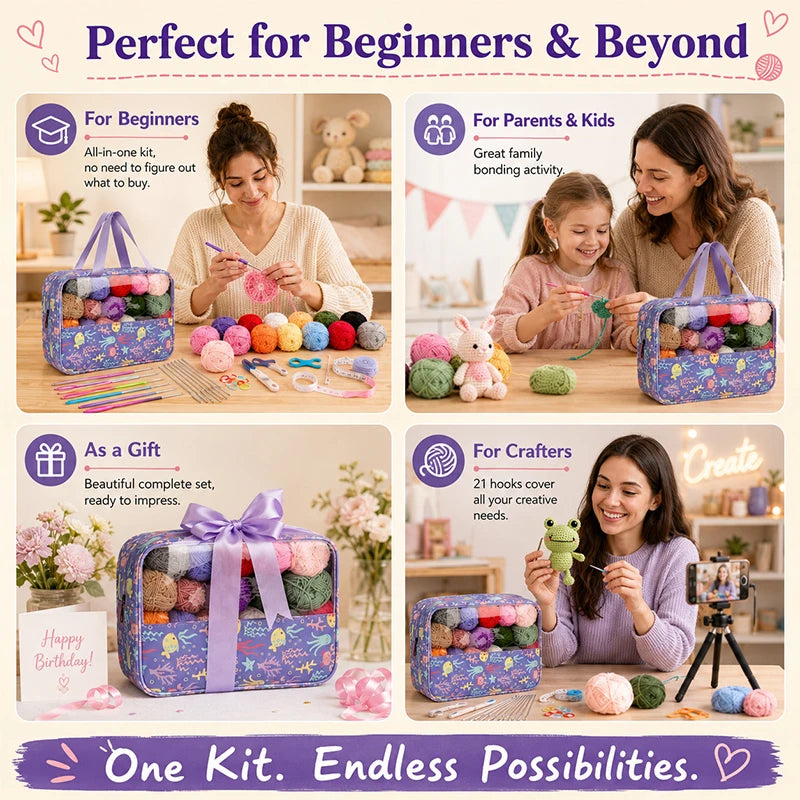 70-Piece Beginner Crochet Starter Kit – Hooks, Yarn & Bag Crochet Starter Kit QXL