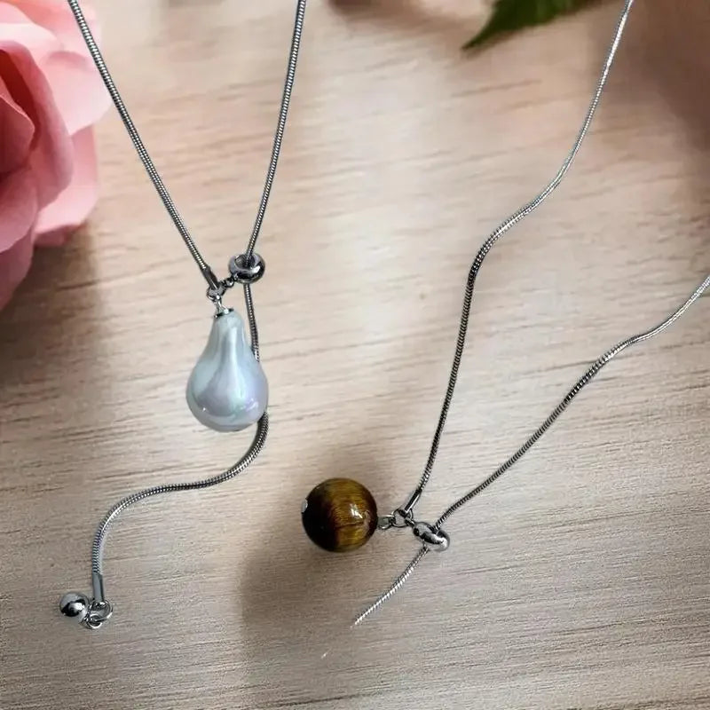Baroque Pearl Stainless Steel Long Sweater Necklace | Women Pearl Chain Necklace QXL