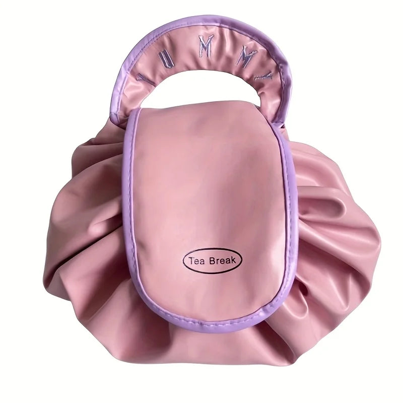 Drawstring Makeup Bag | PU Leather Travel Cosmetic Organizer Drawstring Cosmetic Bag QXL pink