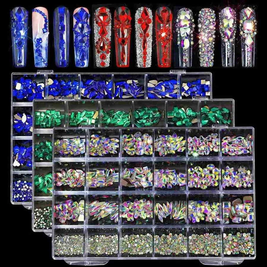 2460-Pc Nail Rhinestones Set | Pink Clear AB Crystal Gems 24 Grid Nail Art Rhinestones QXL