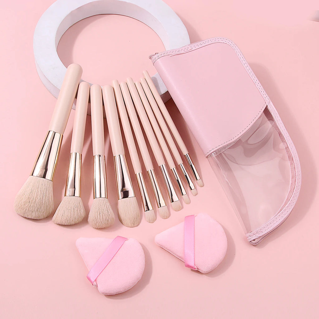KOSSHOW 13-Pc Makeup Brush Set with Puffs & Pink Zipper Bag Makeup Brush Set QXL
