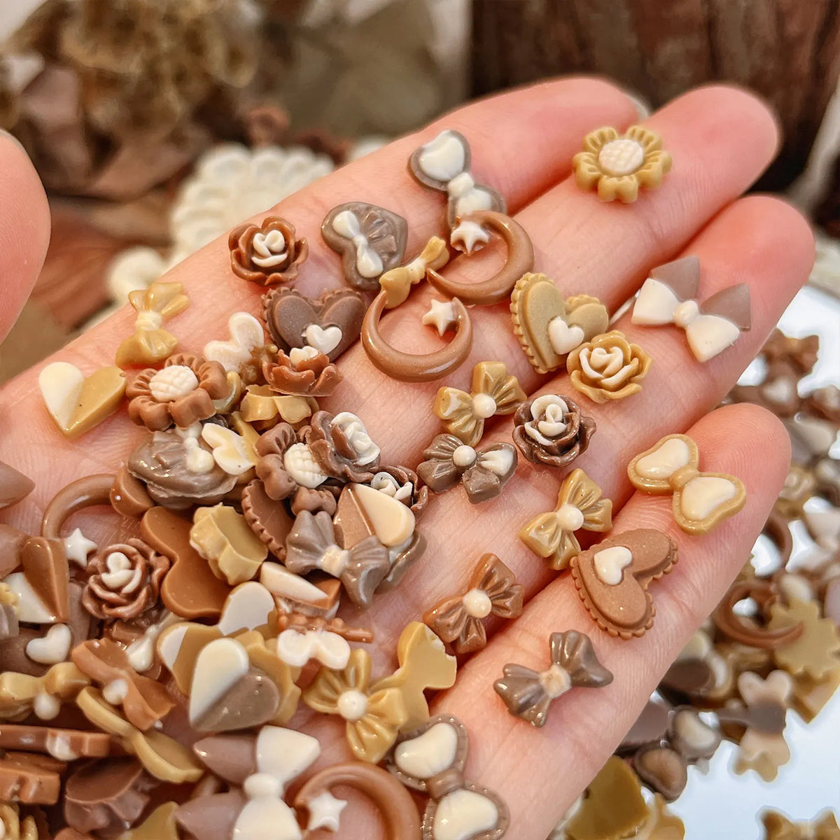 50-Pc 3D Kawaii Nail Charms | Autumn Brown Resin Heart Bow Flower 3D Nail Art Charms QXL