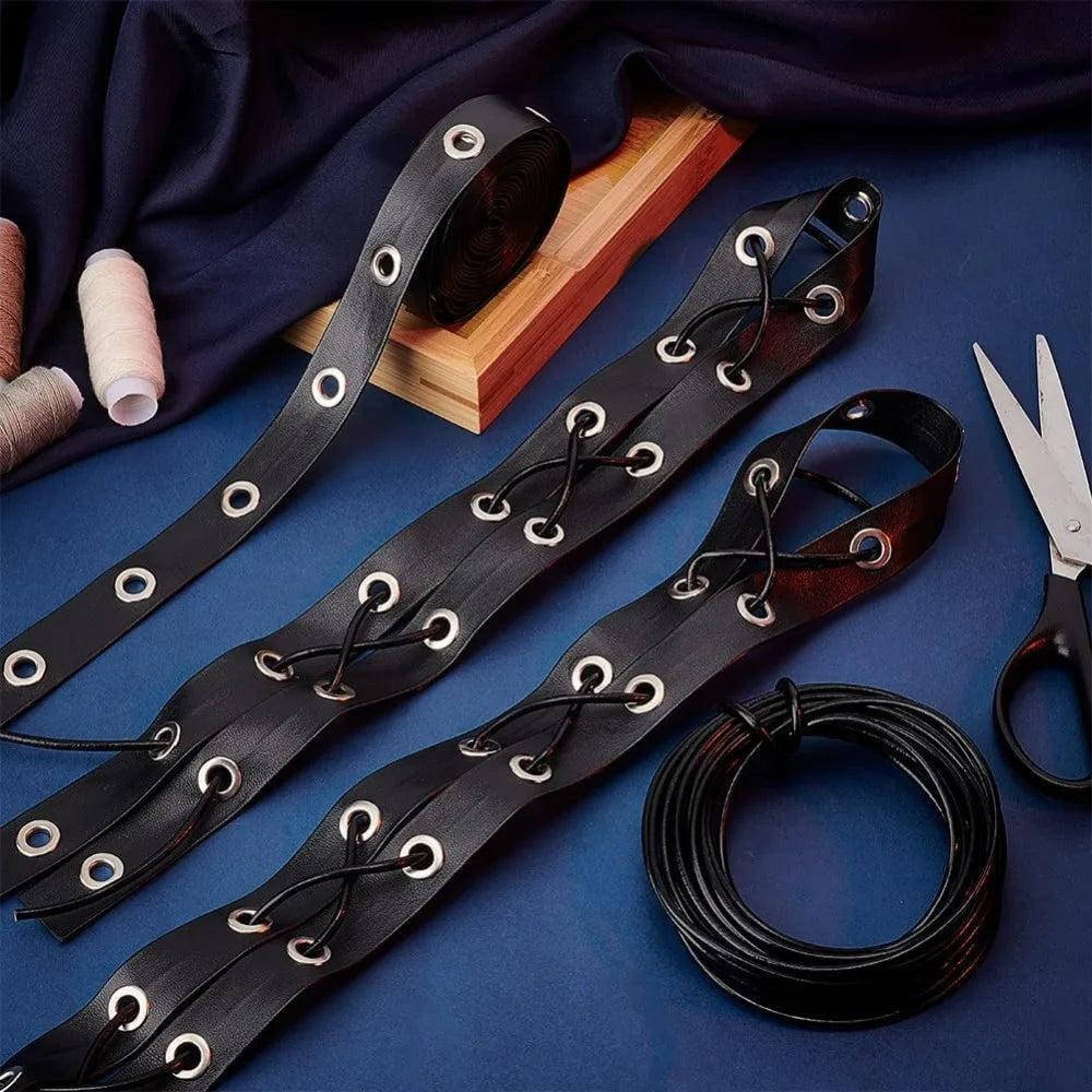 Black Leather Eyelet Grommet Tape 5 Yds + 10.9 Yd Cord Kit Eyelet Grommet Trim QXL