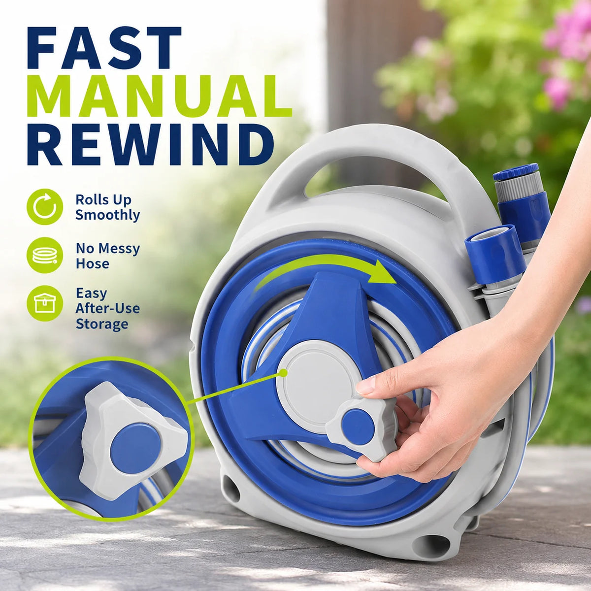 Portable Garden Hose Reel 15m | UV Resistant + Spray Nozzle Garden Hose Reel QXL
