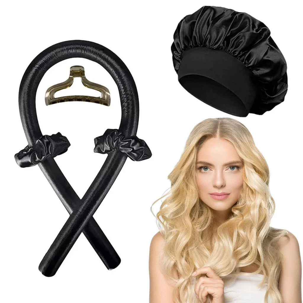 Heatless Curling Rod Headband | Overnight No-Heat Hair Curler Heatless Hair Curler QXL Black with cap