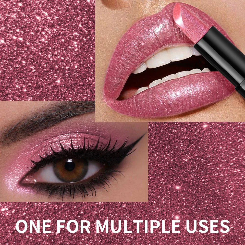 Metallic Shimmer Lipstick | Pearly Glitter High-Pigment Finish Shimmer Lipstick QXL