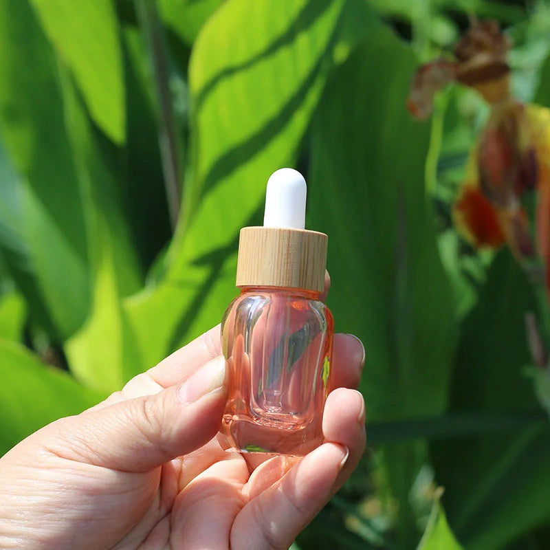 Pink Square Glass Dropper Bottle 10ml 30ml | Bamboo Cap Serum Glass Dropper Bottle QXL