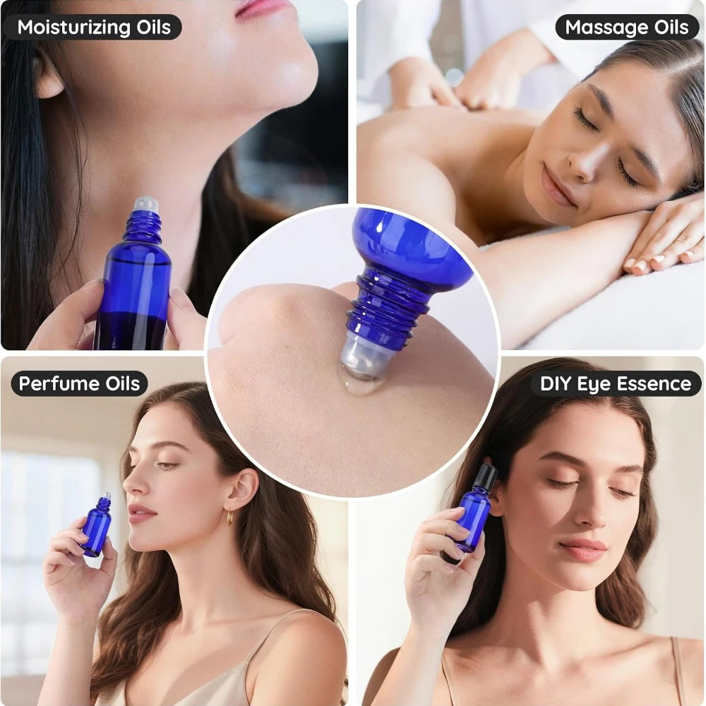 5-Pack 30ml Blue Glass Roller Bottles | Refillable Oil Applicator Glass Roller Bottles QXL